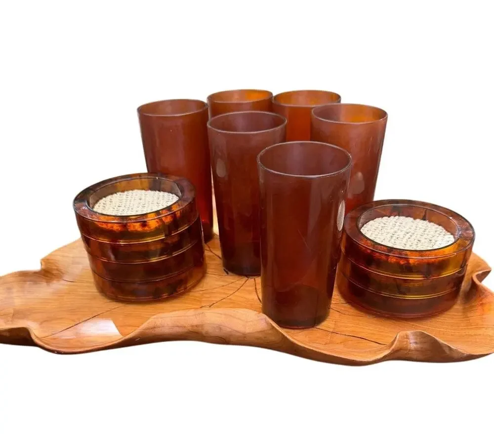 VTG 60s MCM HJ Stotter Tortoise Shell Acrylic 6 Cup Coaster Set